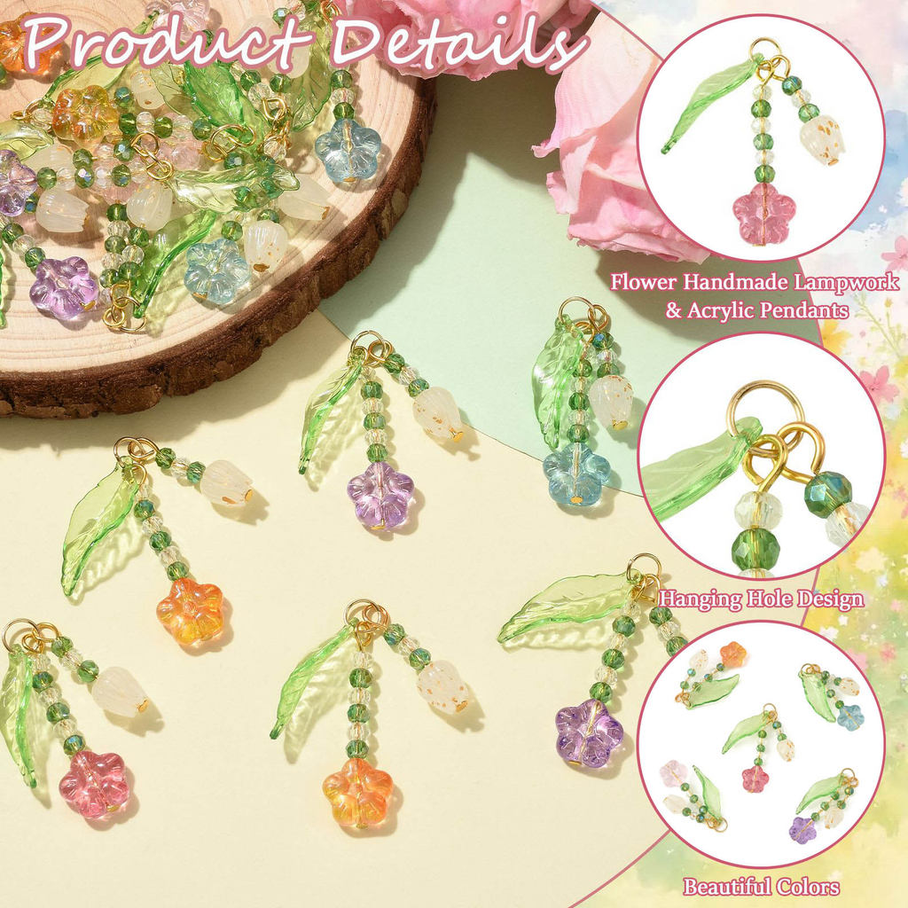 20pcs Handmade Lampwork and Acrylic Flower Pendants